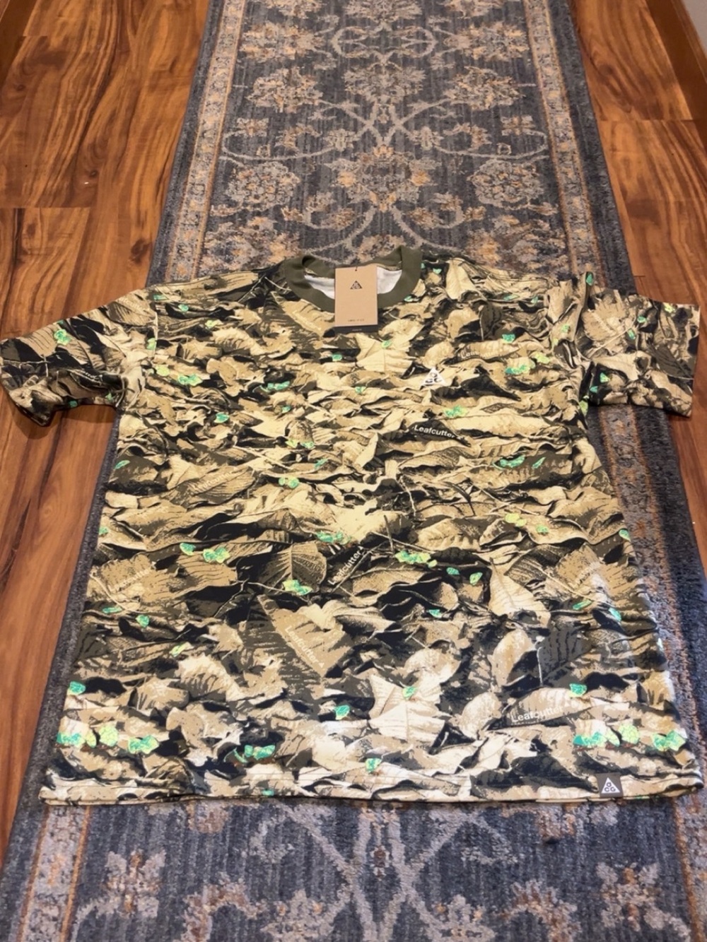 Nike Leaf Camo ACG Crewneck in Olive Green with Teal Accents